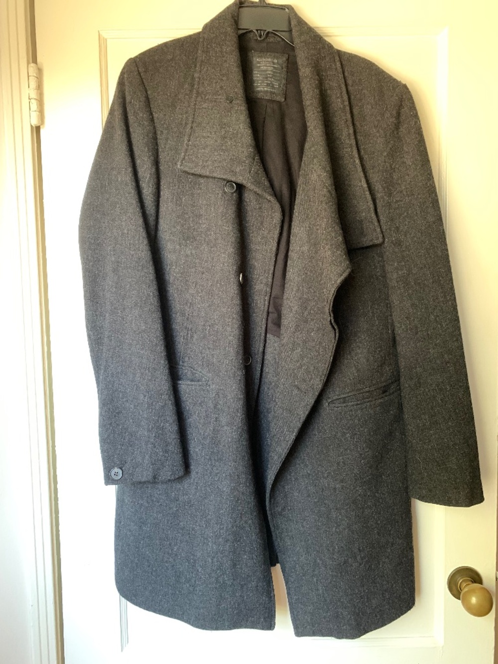 All Saints Bale Black Wool Asymmetrical Button Down Funnel Neck Modern Coat